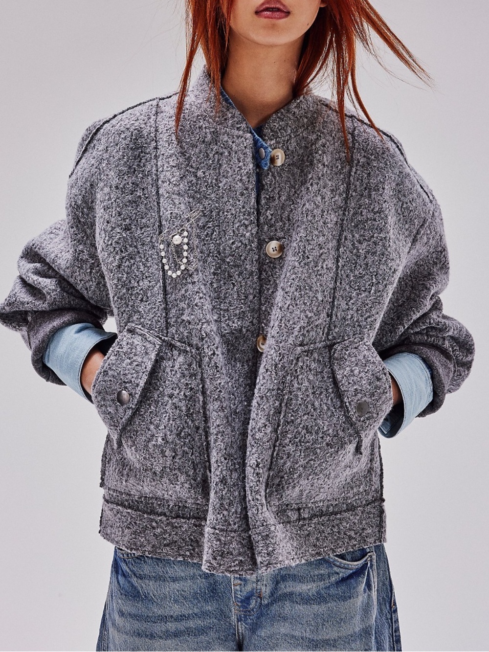 Free People Gray Willow Bumper Button-Front Teddy Jacket